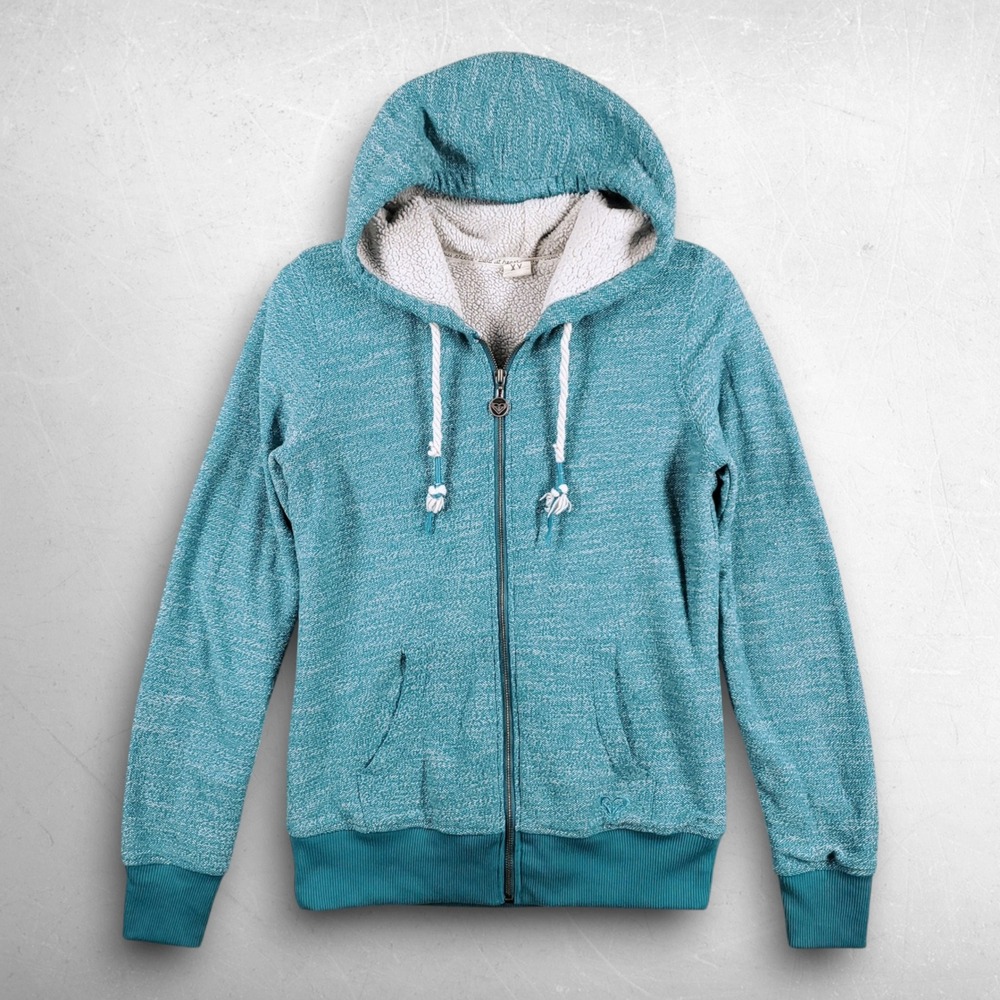 Roxy Sherpa Lined Full Zip Hoodie Women S Turquoise Surf Beach Boho Knit Cozy